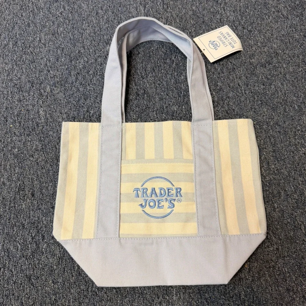 Trader Joes Striped Mini Canvas Tote Bag Blue Baseball Patches Limited Edition